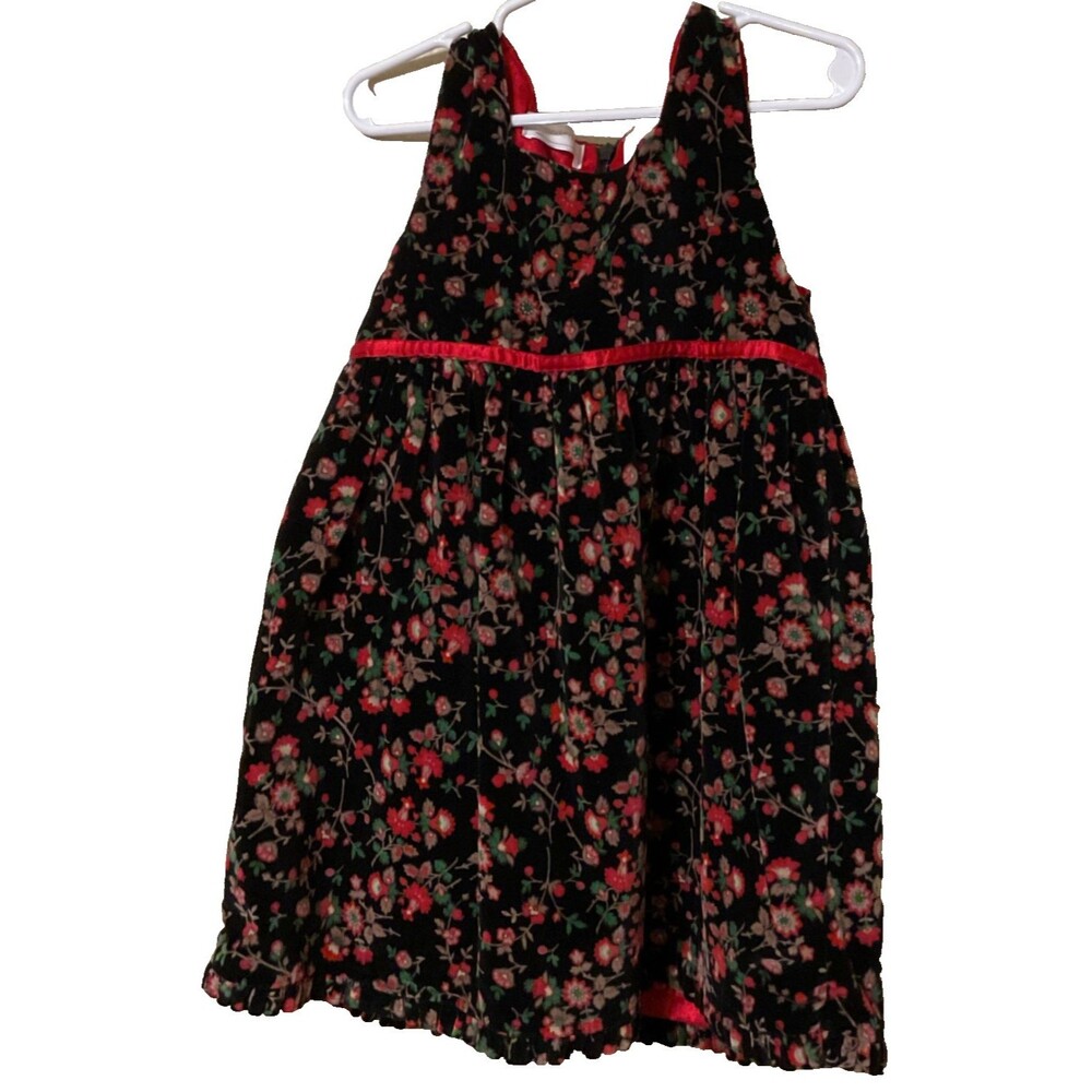 Wonder Kids Black Cotton Velvet Floral Dress 4T Jumper Empire Waist Red Ribbon
